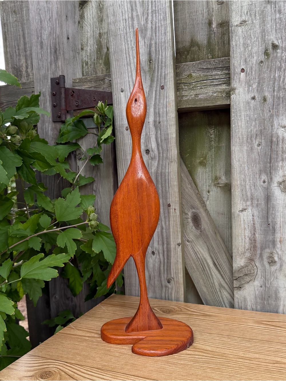 Mid Century Modern Teak 19.5” Carved Wood Crane Figure On Wood Base Vintage